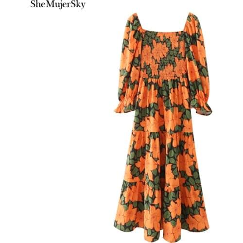 SheMujerSky Women Puff Sleeve Maxi Print Dress Square Collar Elastic Waist Spliced Long A-line Dresses 2021 robe sukienka