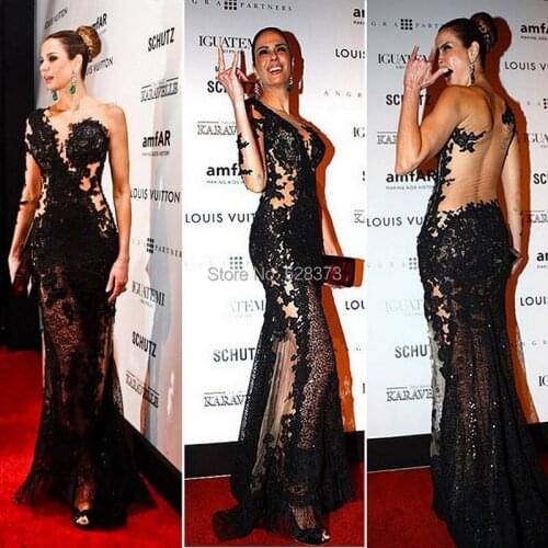YNQNFS YRE4 Sexy Mermaid Black One Shoulder Long Sleeve See-Through Evening Dress Party Robe Vestido de Festa Longo