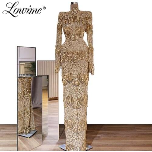 Champagne Sequin Evening Dresses High Neck Mermaid Evening Party Dress Long Arabic Dubai Prom Dresses 2020 Ladies Formal Dresses