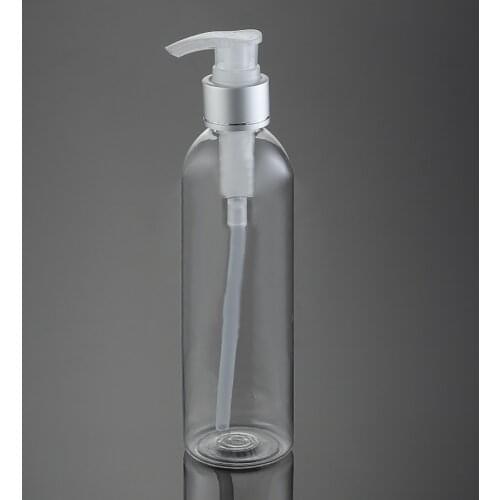 50pcs 250 ml Clear PET bottle with silver lotion pump, round shoulder plastic clear cosmetic bottle for liquid and lotion cream