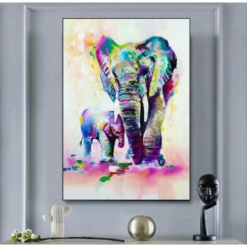Abstract Colorful Elephant and Baby Wall Art Canvas Paintings Poster and Prints Pictures Decorative for Living Room Home Decor