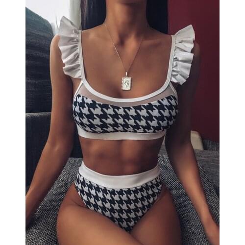 Bikinis 2020 Women Padded Push-up Bra Bikini Set Ruffles Houndstooth Swimsuit High Waist Swim Maillot De Bain Biquinis Femme