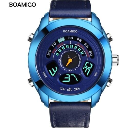 BOAMIGO Sports Mens Watch Leather Strap Watch Electronic Shi Ying Dual Display Watch Fashion Blue Waterproof Watch