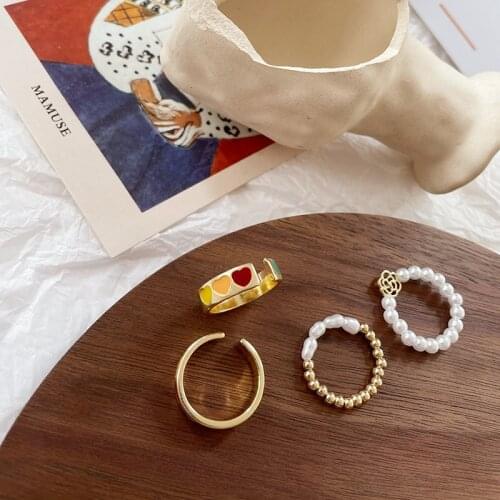 Statement Retro Colorful Enamel Charm Rings for Women Gold Color Beaded Pearl Chunky Open Adjusting Index Finger Ring Jewelry