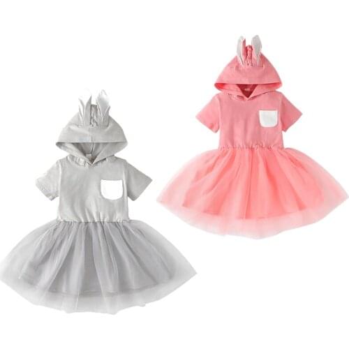 FOCUSNORM 1-6Y Summer Lovely Kids Girls Dress Solid Hooded Bunny Ear Mesh Splicing Pocket Tutu Dress