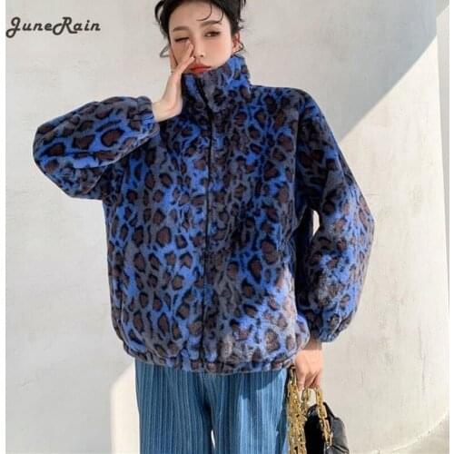 JuneRain Winter Oversized Colorful Leopard Print Faux Fur Coat Women Long Sleeve Zip Up Warm Soft Fluffy Jacket Korean Fashion