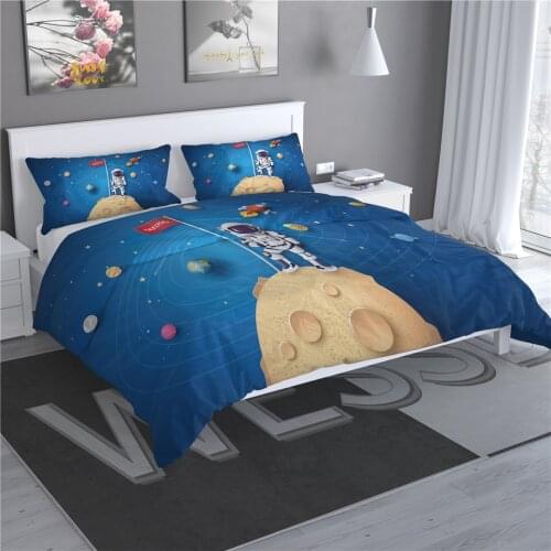 Cartoon Outer Space Astronaut Single Double Bed Linen Set For Teens Explore Universe Blue Duvet Cover Set Bed Set For Boys Kids