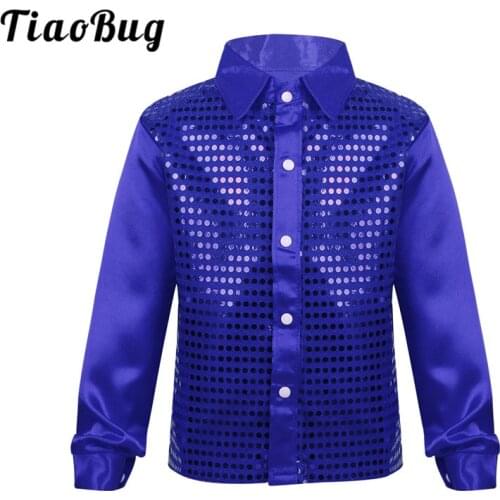 TiaoBug Kids Boys Shiny Sequin Long Sleeve Shirt Choir Jazz Dance Costume Child Stage Performance Hiphop Dance Top Rave Outfit