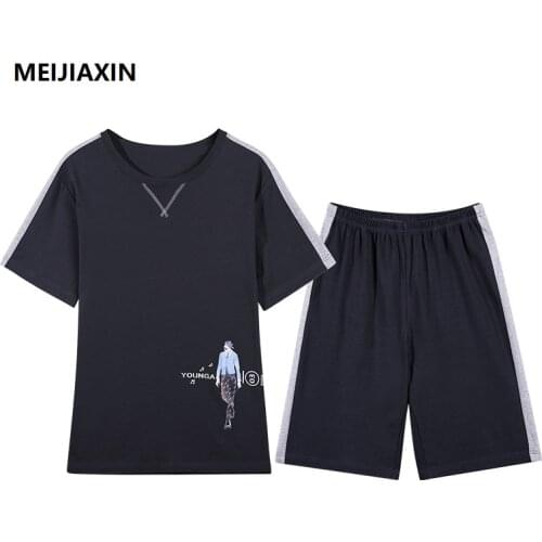 Summer Knitted Cotton Men Pajamas Set Cartoon Short Sleeve Round Neck Man Sleepwear Casual Soft Plus Size Male Homewear
