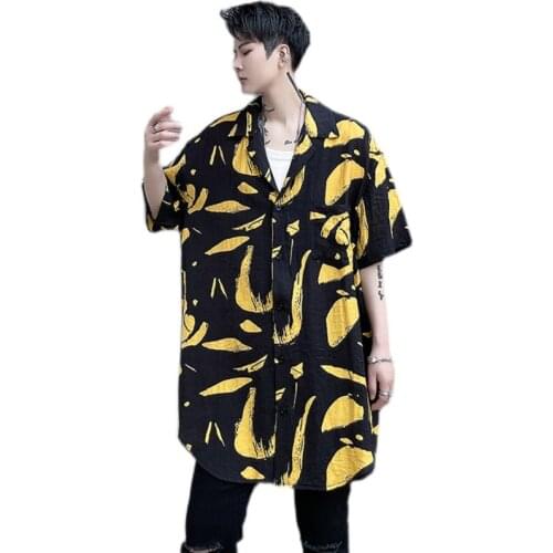 Extra long printed shirt men 2021 Summer Short sleeve Loose Black and yellow High street wear Hip hop tops