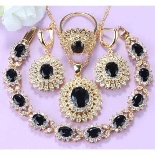 Amazing Gold Colors Black Zirconia Sunflower Trendy Accessories African Women Fashion Big Jewelry Sets Independent Packing Box