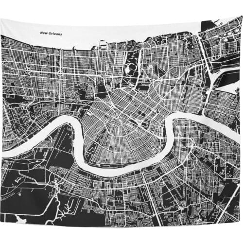 New Orleans Map Artprint Black Landmass White Water Home Decor Tapestry Wall Hanging for Living Room Bedroom Dorm 50x60 inches