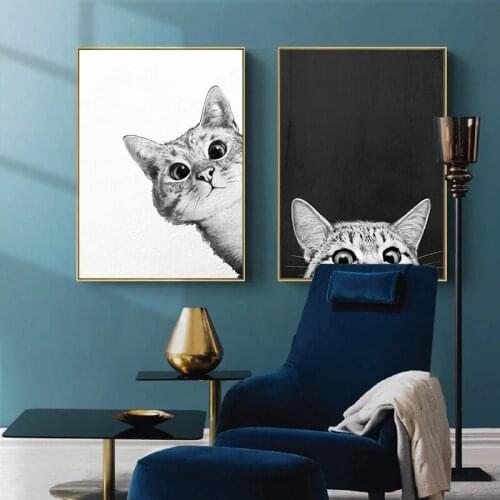 Black and White Simple Canvas Paintings Cartoon Cat Posters and Prints Wall Art Pictures for Living Room Wall Decor Cuadros