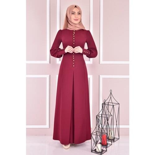 Düğmeli Elbise Bordo ASM21510