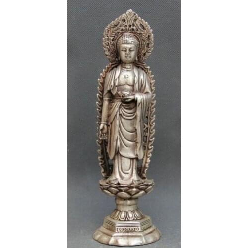 Elaborate Chinese Buddhism Tibetan Silver Shakyamuni standing on Lotus Flower statue