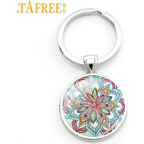 TAFREE Fashion Mandala Key Chain Ring Holder Buddha Yoga Sacred Geometry Photo Keychain Glass Pendant Jewelry For Car Bag ES167