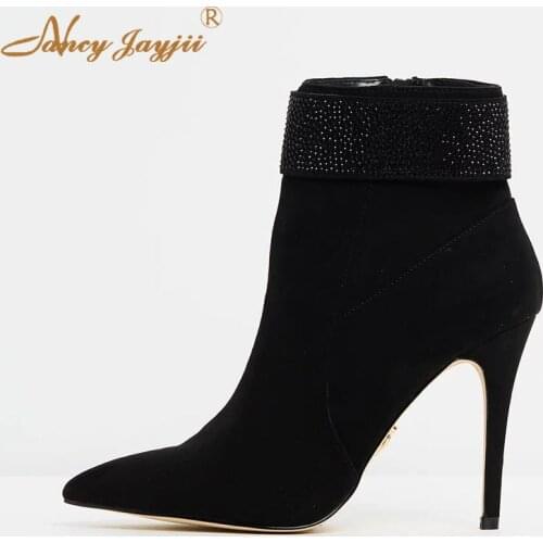 Kid Suede Women Adult Boots Ladies Shoes Ankle Zipper Pointed Toe Super High Thin heels Bling Mature Concise Nancyjayjii 2019