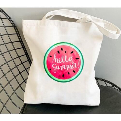 Street New Fashion Canvas Bag Kawaii Hello Summer Watermelon Print Women Shoulder Bag White Reusable Shopper Bag