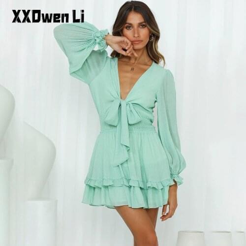 Women Autumn Long Sleeves Solid Color Bow Mini Dress 2021 Spring Ruffles Lantern Sleeve Elastic Waist Dress Ladies Party Dresses