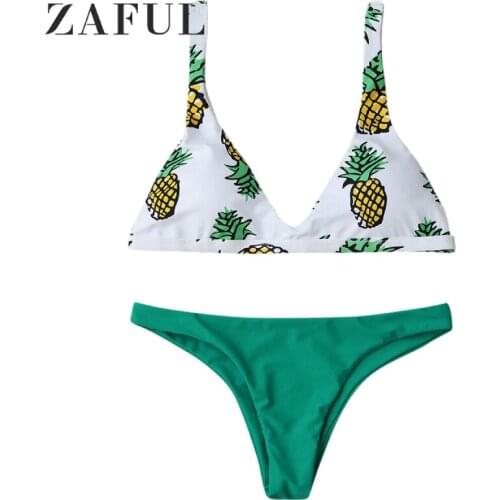 ZAFUL High Cut Pineapple Print Bikini Set Mid Wiasted Spaghetti Straps women pineapple print Bikini Set Brazilian swimwear