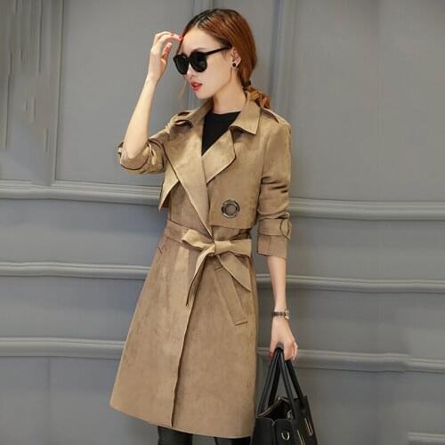 LDKVGSU Suede Windbreaker Women Fall New Medium length Coat Bow tie Bandages Pure color trench coat Long sleeve Coat Female s930