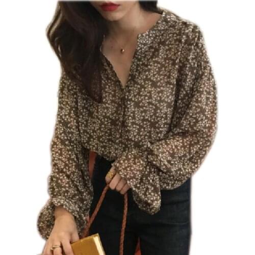 2021 New Womens Blouse Spring Summer Female Chiffon Shirts Floral Loose Lady Tees Tops V Neck Femme Clothes Mujer Flare Sleeve