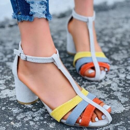 New Women Sandalias Mujer 2021 Strap Heel Peep Toe Chunky Heel Sandals Slip on Elastic Bandage Sandals Size 35-43