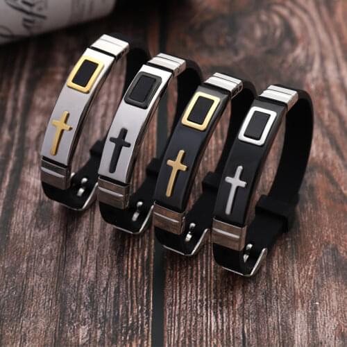 Adjustable Length Bracelet for Women Men Bangle Watch Band Design Stainless Steel Silicone Band Christ Cross Prayer Male Jewelry