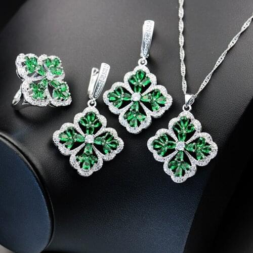 Funmode 3PCS Green Cubic Zircon Flower Design Link Chain Bridal Jewelry Sets For Women Wedding Set pulseras Wholesale FS131
