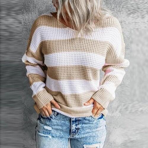 2021 new Ladies Casual V Neck Long Sleeve Pullover Tops Retro Harajuku Striped Print Knitted Sweater Women Autumn Winter Jumper
