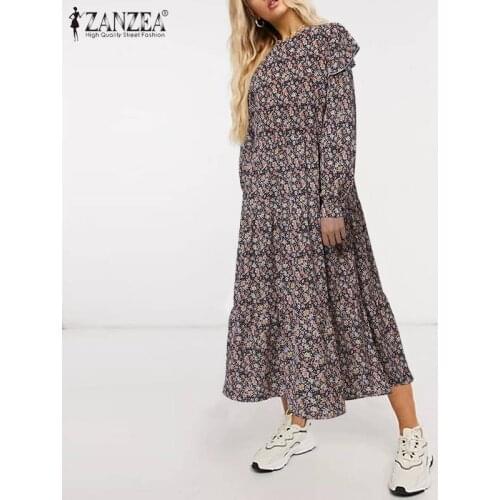 Behemian Women Dress ZANZAE 2021 Autumn A-line Ruffle Midi Vestidos Casual Print Puff Sleeve O-neck Long Sundress Oversized