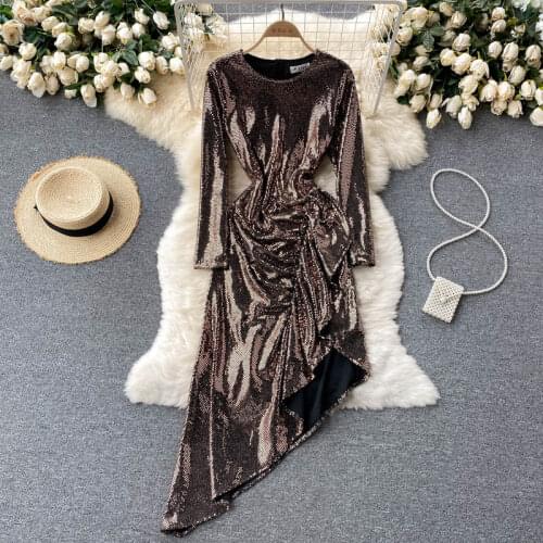 SINGREINY Women Design Shiny Sequins Dress Long Sleeve O Neck Ruffles A-line Dresses Autumn Korean Fashion Irregular Midi Dress