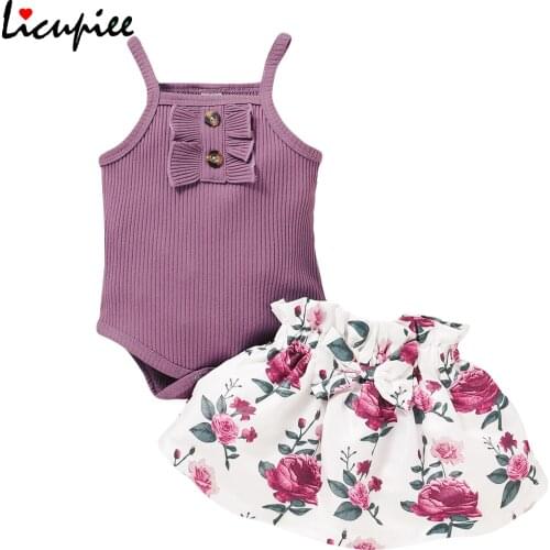 Baby print 2 pcs set Newly Summer Girls Clothes Sets Ruffles Sleeveless Solid Romper Sunflowers Skirts 2pcs 0-18 Months