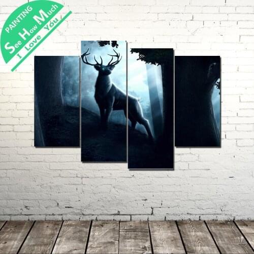 4 Piece Art Deer at forest night wall art decor poster vintage decorative pictures canvas prints paintings art prints Picture