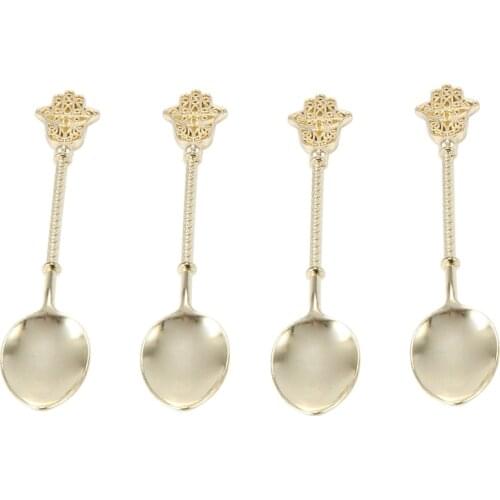 4pcs / Vintage Gold Spoon Alloy Coffee Ice Cream Dessert Spoons Royal Style Retro Stick Coffee Tea Spoons Kitchen Tools