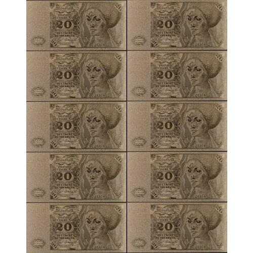 10pcs/lot Germany Banknotes 20 Deutsche Mark Banknote In 24K Gold Plated Fake Paper Money for Collection