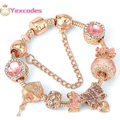 Yexcodes New Rose Gold Necklace Pink Charm Women Bracelet DIy Charms Bubble Bead Fine Lady Bracelet Direct Gift Sales
