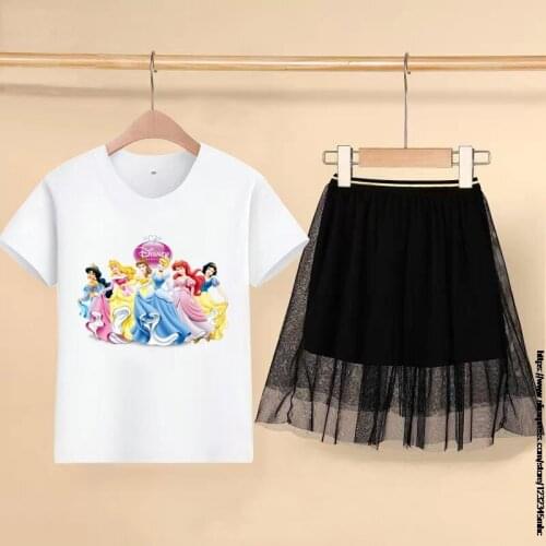 Disney Princess Girl Sweet Cartoon Clothing Set T-shirt + Skirt Children Kid Baby Princess Tops Tee T Shirt Skirts