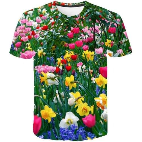 Mens Streetwear New Summer 3D Pink Tulip Flower T-shirt Casual 3D Printing T-shirt Plant Flower S-6XL