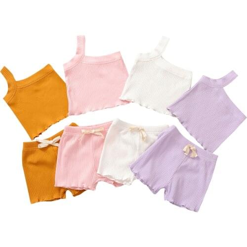 Toddler Kids Baby Girl Cotton Sets Summer Clothes Sleeveless Shirts+Shorts Solid Outfits Active Baby Tracksuits 0-18M