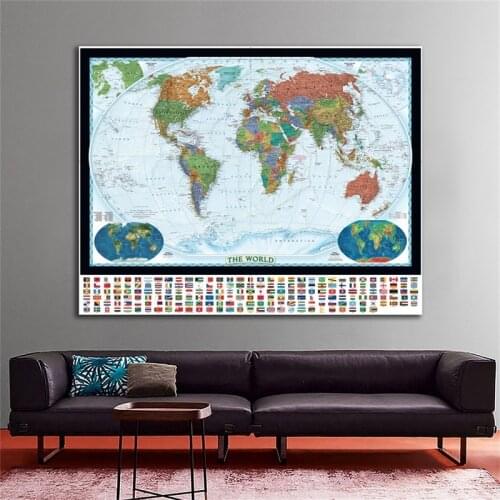 The World Physical Map With World Land Cover And Landforms Foldable No-fading Map With National Flag For Culture And Education