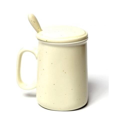 Cream Matte Color Porcelain With Lid With Spoon Porcelain Mug Cup