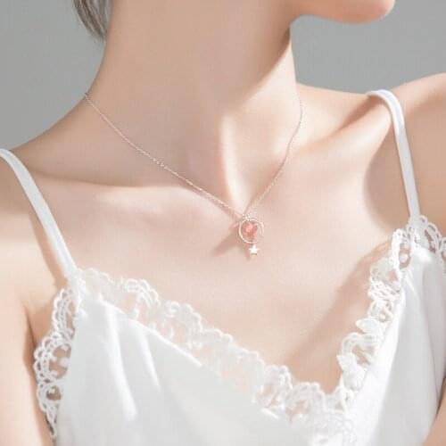 ModaOne Pink Strawberry Crystal Moonlight Stone Round Star Silver Color Clavicle Chain Necklace For Women Girls Dainty Jewelry