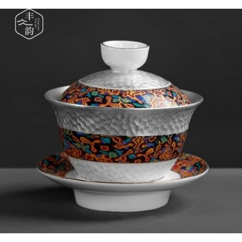 Silver-plated 999 color enamel silver ceramic Chinese Kungfu teaware large retro covered bowl teacup single tureen handmade