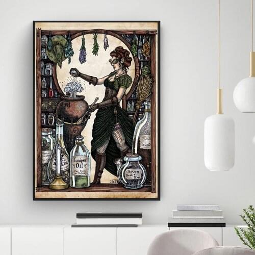 Industrial Witchcraft Witch Posters and Prints Vintage Girl Bottle Canvas Painting Retro Kitchen Office Wall Art Decor Pictures