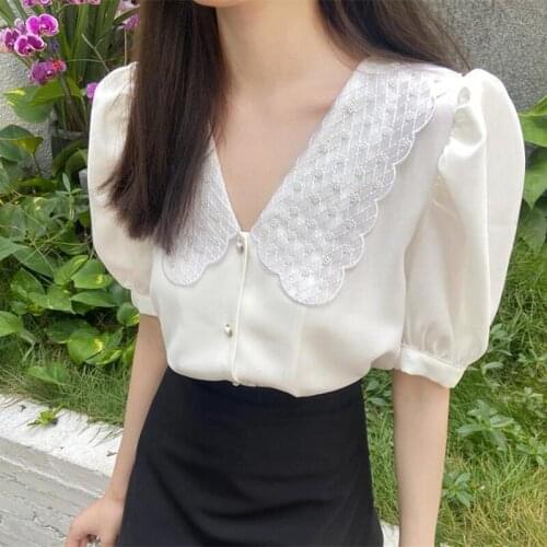 QOERLIN French Temperament Puff Sleeve Top Shirts Women Summer Beaded Doll Collar Blouse Female Fashion V Neck Button Up Shirts