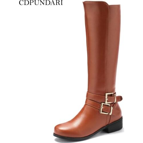 CDPUNDARI Low Heels Knee High Boots Women Snow Boots Autumn Winter Long Boots Shoes Motorcycle Boots Botas Nieve Mujer Black