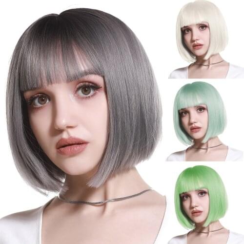 Pink Short Bob Wigs With Bang Straight Cospay Wig Grey Synthetic 10" Hair Wigs For Natural Brown Black Women 's Afro Wigs