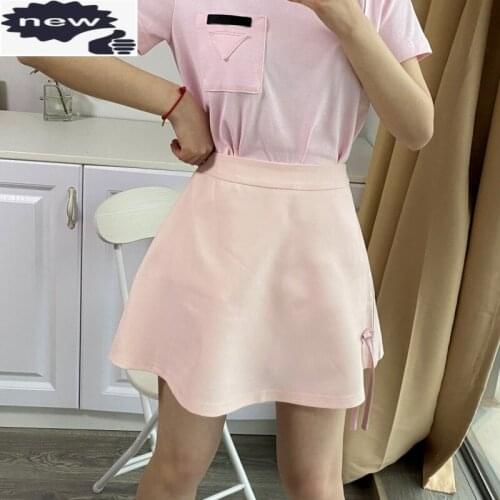 Streetwear Female Sweet Pink Bowknot High Waist Skirts 2021 Summer Women Casual Loose Fit Zipper Cotton Solid A-Line Short Skirt