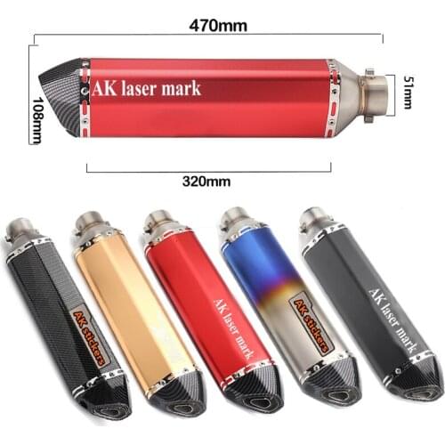 Tubo de escape 51mm Universal laser ak exhaust motorcycle 470mm Left Right Side Slip On muffler scooter scarico moto universale